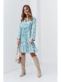 Patterned shirt dress with a belt, cream and blue 4171 - Online store - Boutique